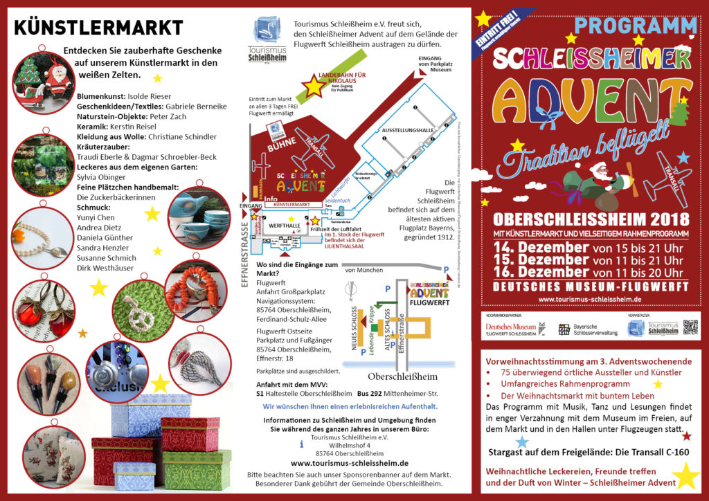 Schleißheimer Advent 2018. Programm.Weihnachtsmarkt organisiert von Tourismus Schleissheim e.V. Auf dem Gelände der Flugwerft Schleissheim jeweils am 3. Adventswochenende. Plakatmotiv und Logos wurden gestellt.