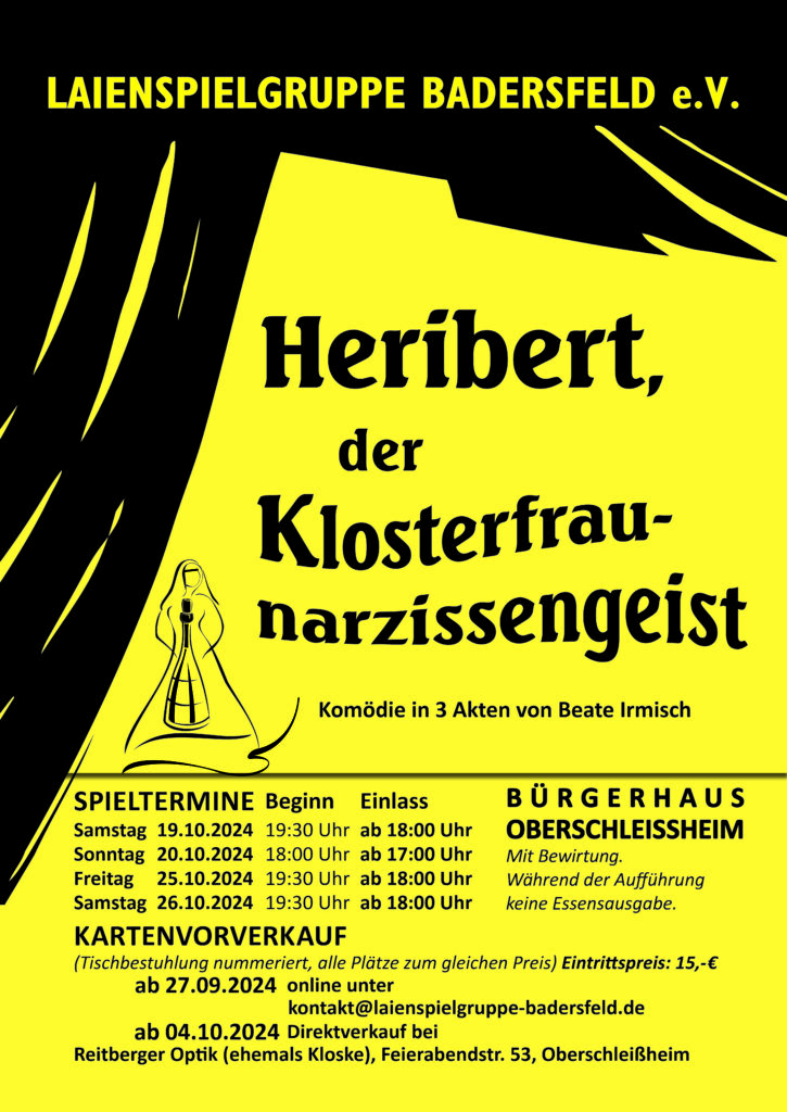 Plakat DIN A2 für Laienspielgruppe Badersfeld. Eintrittskarten und Programmheft.